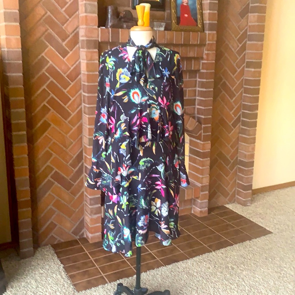 Jason Wu black floral neck tie ruffle midi dress long sleeves